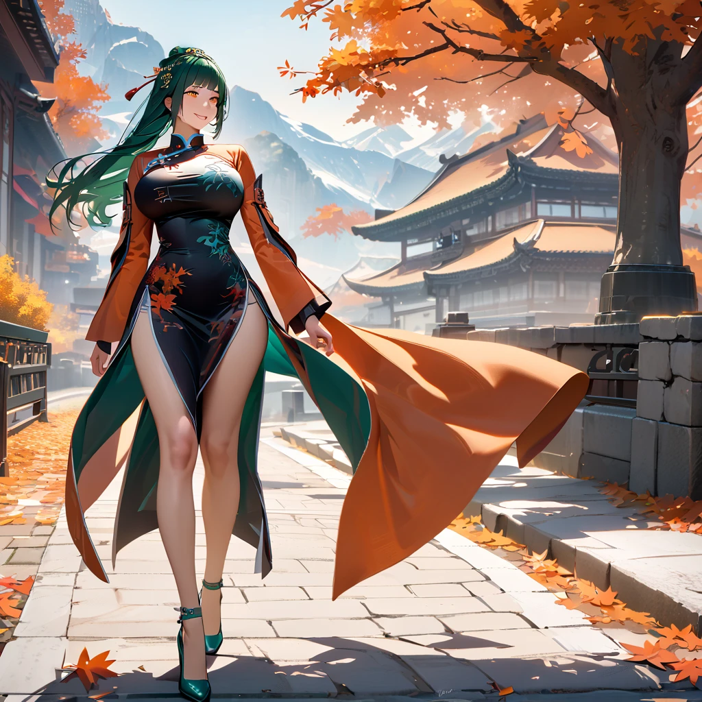 A woman wearing long-sleeved traditional Chinese dress, green hair, long hair, hair ornament in traditional Chinese aesthetic, green heels, orange eyes, walking on a concrete sidewalk, with trees in autumn aesthetic, orange leaves, background with large mountains , smiling, big breasts, daytime location,..UHD , prime work , accurate , anatomically correct , textured skin , super details , high quality , best quality, 8k, high resolution, bokeh effect. (woman solo), realistic, close view
