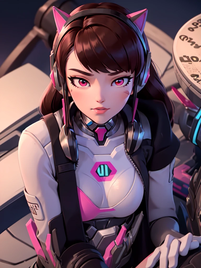 Masterpiece, Best Quality, High Resolution, 1girl, Super High Resolution, Solo, Mech Pilot, D.VA, Headphones, Pink Eyes, Blue bikini Tights, Brown Hair, White Gloves, Cat Face Adornament, neon beach at night 