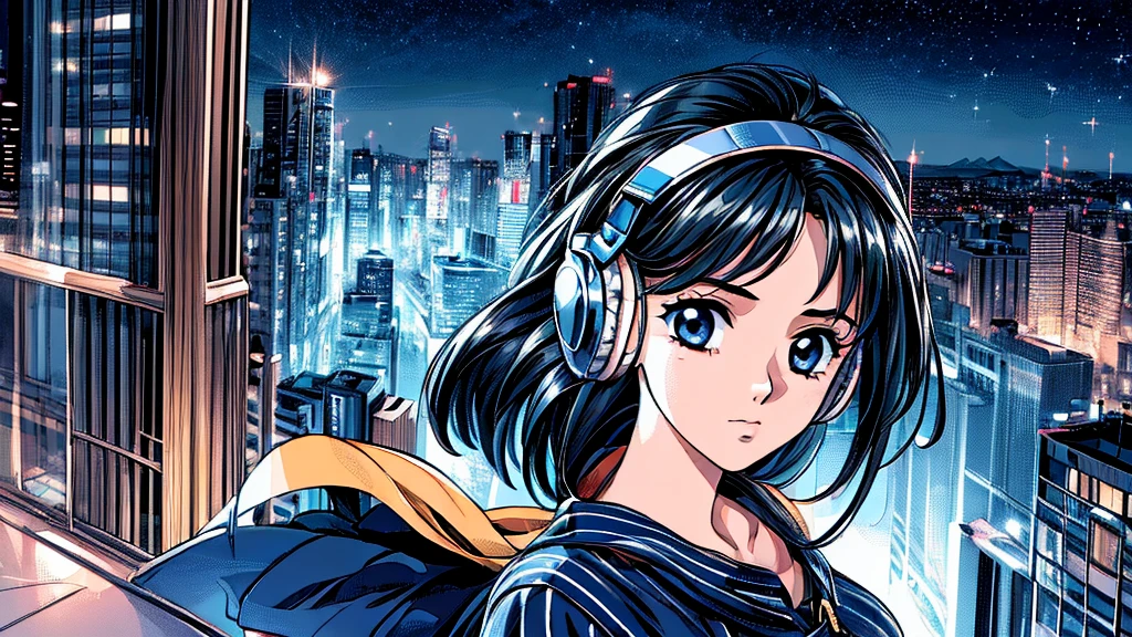 ((masterpiece)),(((Highest quality))),((Super detailed)) Realistically, 1 Girl, beautiful, Wearing headphones, One person　 night景を見てる, city, Starry Sky, building, night.　Long Black Hair　The wind is blowing