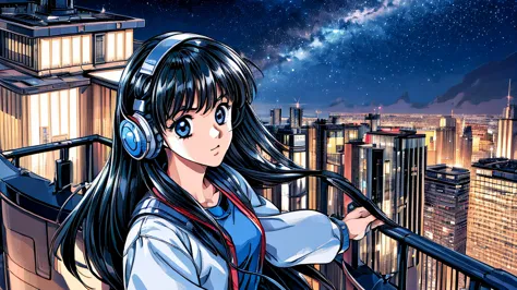 ((masterpiece)),(((highest quality))),((super detailed)) realistically, 1 girl, beautiful, wearing headphones, one person　 night...