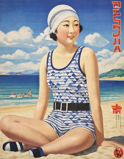 (((1930s japanese poster)))),a masterpiece sitting on the beach,close-up,portrait, beach,japanese woman,(japanese pompadour:1.3)...