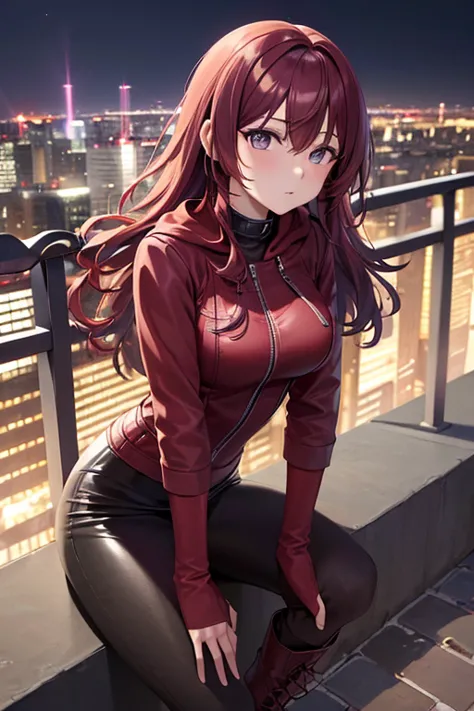 ((masterpiece, best quality, ultra-detailed)), highres, beautiful woman looking at viewer, red leather jacket and hoodie, black ...