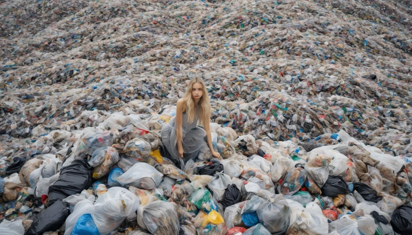 isometric angle of shot, wide shot, endless garbage dump covered in diverse sized dirty plastic bags, endless view wide angle covered in diverse sized plastic bags BREAK fashion model woman gorgeous girl sasha luss posing surrounded by towering piles plastic bags, colossal amount of plastic, drawn in plastic bags , emerging obscured by lot amount of bags
