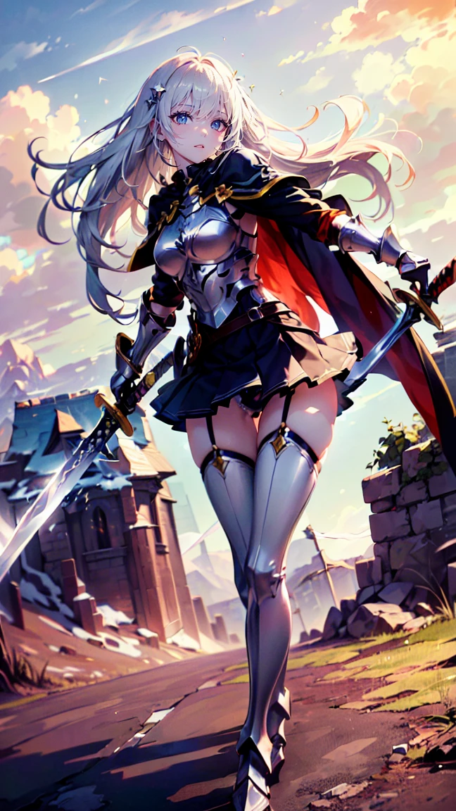 A girl wielding a sword，17 years old，Blonde long hair，Green Eyes，Silver metal armor covering the upper body，pleated micro mini skirt，Thigh-length silver metal boots，Big red cape，white thigh high stockings，Holding a beautifully decorated long sword，Jump and slash at the enemy，(((Open your legs and hold your sword:1.5)))，((Perfect beautiful girl:2.0))，((Slim figure))，Silver gauntlet，(Full body up to the toes)，A windswept, desolate wilderness，(Panty shot:1.2)，(((Ultra-high resolution:1.5)))，((Highly detailed eyes))