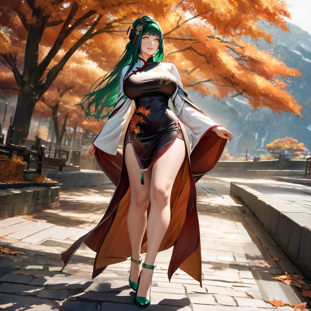 A woman wearing long-sleeved traditional Chinese dress, green hair, long hair, hair ornament in traditional Chinese aesthetic, green heels, orange eyes, walking on a concrete sidewalk, with trees in autumn aesthetic, orange leaves, background with large mountains , smiling, big breasts, daytime location,..UHD , prime work , accurate , anatomically correct , textured skin , super details , high quality , best quality, 8k, high resolution, bokeh effect. (woman solo), realistic, close view
