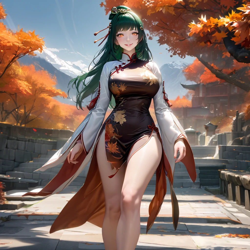 A woman wearing long-sleeved traditional Chinese dress, green hair, long hair, hair ornament in traditional Chinese aesthetic, green heels, orange eyes, walking on a concrete sidewalk, with trees in autumn aesthetic, orange leaves, background with large mountains , smiling, big breasts, daytime location,..UHD , prime work , accurate , anatomically correct , textured skin , super details , high quality , best quality, 8k, high resolution, bokeh effect. (woman solo), realistic, close view
