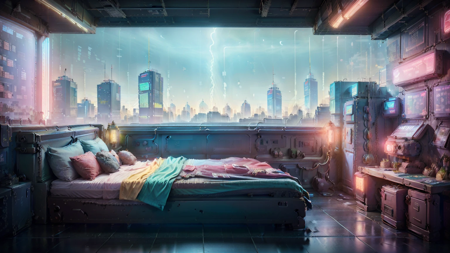 concepto:(((This is a photographic obra de arte there are two beds in a room with a large window overlooking the city from the 7th floor, Sala Cyberpunk de noche, habitación adolescente cyberpunk, ciberpunk en cuarto, the apartamento ciberpunk, apartamento ciberpunk, apartamento bladerunner, Apartamento distópico en la ciudad., pintura mate de neón cinematográfico, paisaje onírico ciberpunk, Atmósfera ciberpunk, estilo cyberpunk hiperrealista, En una habitación con temática cyberpunk, ciudad cyberpunk hiperrealista, Ambiente ciberpunk.)))。 calidad:(highest calidad, 4k, 8K, Alta resolución, obra de arte:1.2), súper detallado, (realisitic, photorealisitic, photorealisitic:1.37), Encendiendo: luz cinemática, Colores brillantes y efectos fascinantes en tonos de azul y rojo., contraste medio entre luz oscura y brillante, sombras y luces, Elementos SF, Información del tema:
