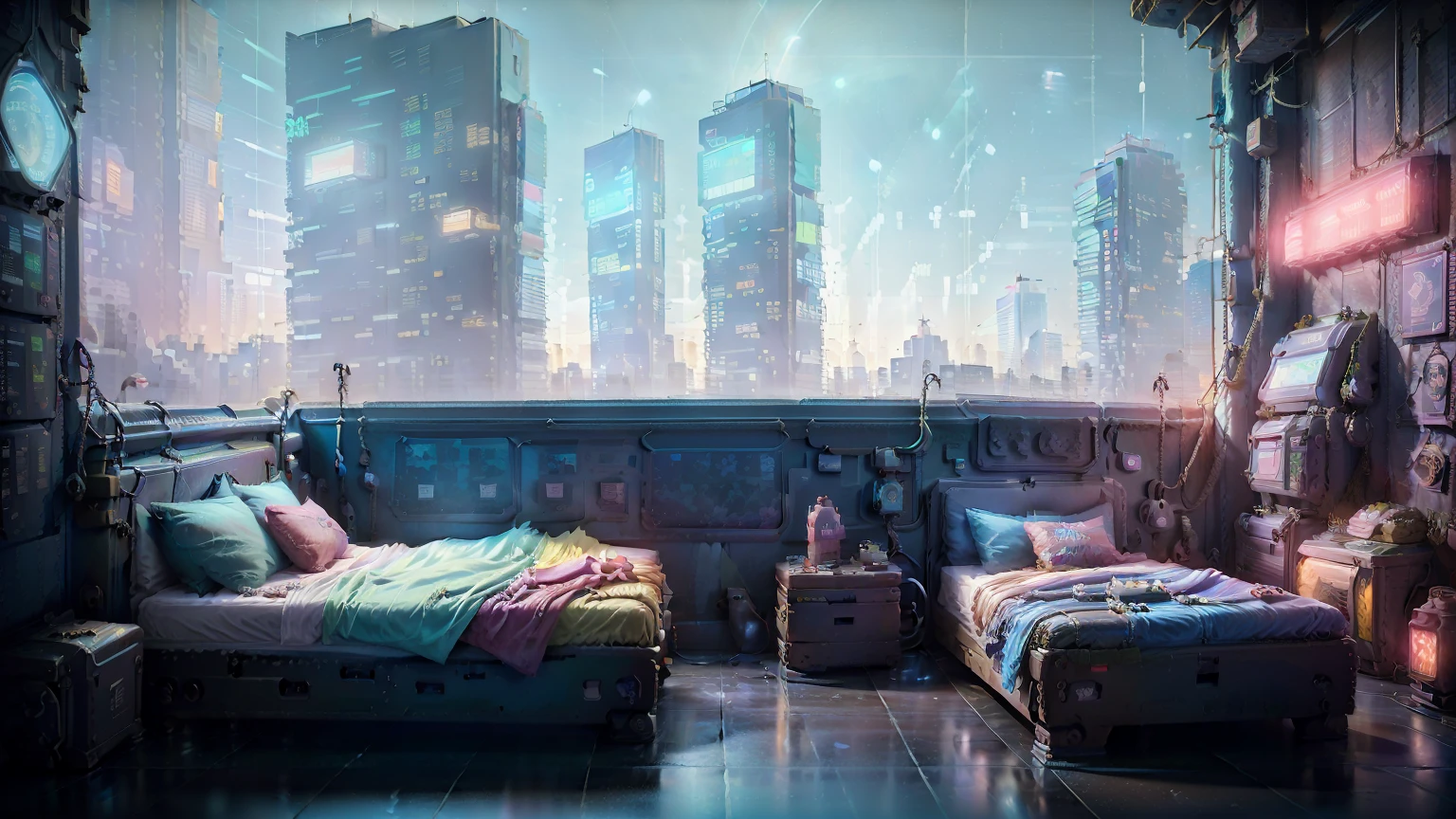 concepto:(((This is a photographic obra de arte there are two beds in a room with a large window overlooking the city from the 7th floor, Sala Cyberpunk de noche, habitación adolescente cyberpunk, ciberpunk en cuarto, the apartamento ciberpunk, apartamento ciberpunk, apartamento bladerunner, Apartamento distópico en la ciudad., pintura mate de neón cinematográfico, paisaje onírico ciberpunk, Atmósfera ciberpunk, estilo cyberpunk hiperrealista, En una habitación con temática cyberpunk, ciudad cyberpunk hiperrealista, Ambiente ciberpunk.)))。 calidad:(highest calidad, 4k, 8K, Alta resolución, obra de arte:1.2), súper detallado, (realisitic, photorealisitic, photorealisitic:1.37), Encendiendo: luz cinemática, Colores brillantes y efectos fascinantes en tonos de azul y rojo., contraste medio entre luz oscura y brillante, sombras y luces, Elementos SF, Información del tema:
