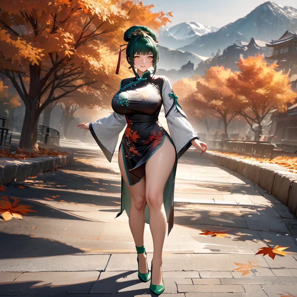 A woman wearing long-sleeved traditional Chinese dress, green hair, tied up hair, hair ornament in traditional Chinese aesthetic, green heels, orange eyes, walking on a concrete sidewalk, with trees in autumn aesthetic, orange leaves, background with large mountains , smiling, big breasts, perfect face, perfect eyes.UHD , prime work , accurate , anatomically correct , textured skin , super details , high quality , best quality, 8k, high resolution, bokeh effect. (woman solo), realistic, close view
