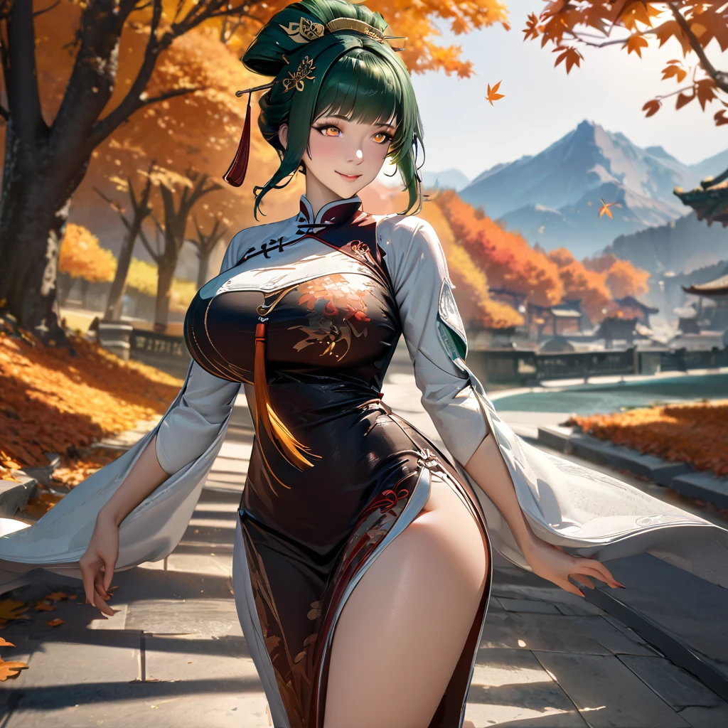 A woman wearing long-sleeved traditional Chinese dress, green hair, tied up hair, hair ornament in traditional Chinese aesthetic, green heels, orange eyes, walking on a concrete sidewalk, with trees in autumn aesthetic, orange leaves, background with large mountains , smiling, big breasts, perfect face, perfect eyes.UHD , prime work , accurate , anatomically correct , textured skin , super details , high quality , best quality, 8k, high resolution, bokeh effect. (woman solo), realistic, close view
