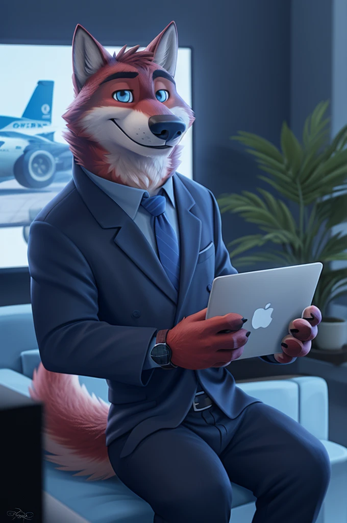 Joachim Wolfbach (Zootopia),tall handsome, wolf,young, 24 years, brown fur, hair on the head,(red body:1.3),Blue eyes, Moscow Dressed, shirt,blazer, tie,trousers,sandals,canine, wolf, detailed fur, Male, antro, paw pads, finger claws,holding a laptop, at viewer, 5 fingers, paws, 5 fingers, smile, happy, resting, wrist watch, т nextel, sitting at home watching TV, by xenoforge, (difficult, high detail, film photography, soft focus, RAW, pilot by training,smile смех 
фотореализм, realistic, photorealistic, analog style, Subsurface scattering, 
masterpiece, Best quality, ultra realistic, 8 k)