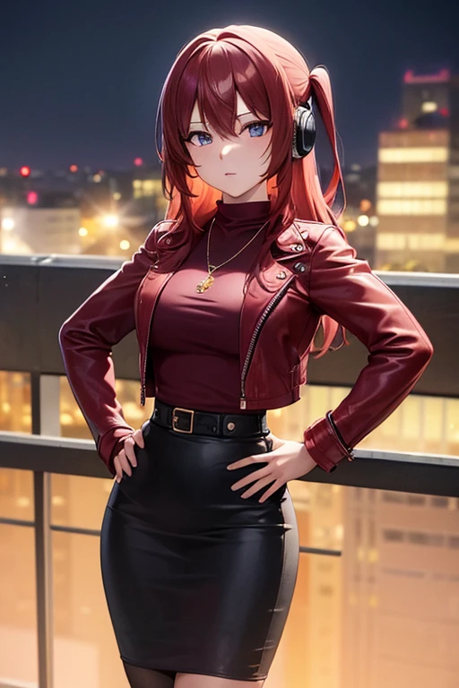 ((masterpiece, best quality, ultra-detailed)), beautiful woman looking at viewer, red leather jacket, black midi pencil skirt, long pencil skirt, leather boots, wearing headphones, necklace, full body, purple hair, city rooftop, fence, night sky, blue lights, hand on hip