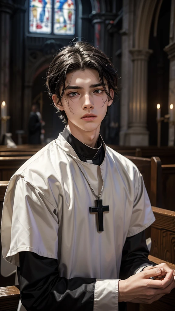 19 year old boy, White skin, wear black clothes, his face expresses sadness and emptiness, his marked jaw, green eyes, marked dark circles, wavy black hair,  wounds in front, blood on his face, blood on his forehead, blood on his hands, He is talking to an elderly priest next to the church altar, In the background you can see a cross hanging on the wall 