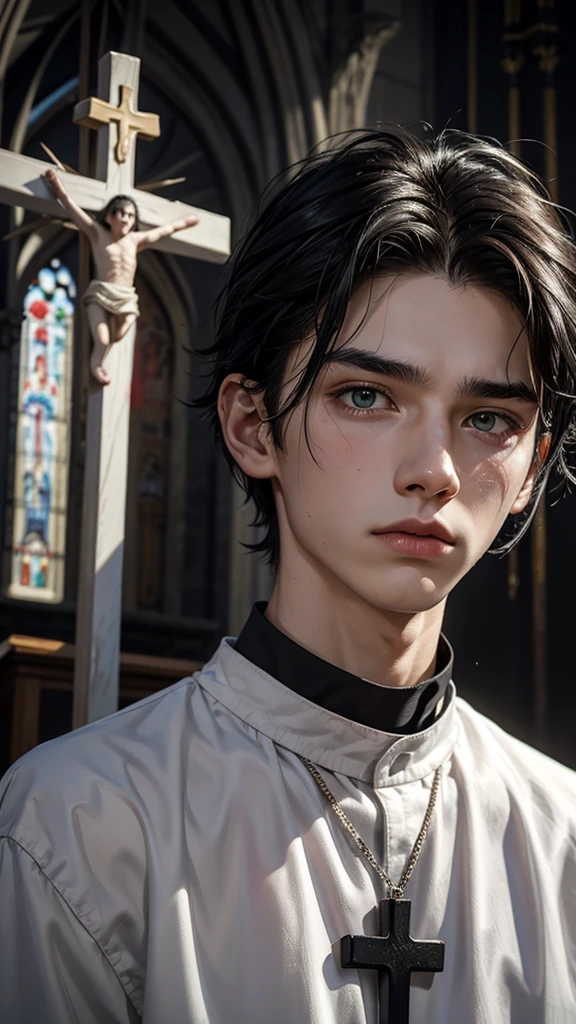 19 year old boy, White skin, wear black clothes, his face expresses sadness and emptiness, his marked jaw, green eyes, marked dark circles, wavy black hair,  wounds in front, blood on his face, blood on his forehead, blood on his hands, He is talking to an elderly priest next to the church altar, In the background you can see a cross hanging on the wall 