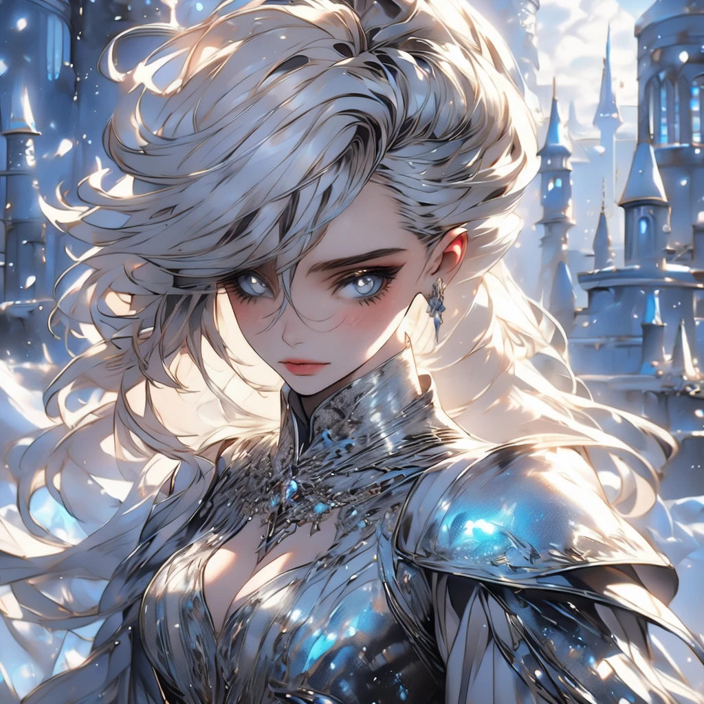 ((high quality:1.2, masterpiece:1.2)), 1girl, beautiful face, white hair, grey eyes, dynamic pose, (death knight, fantasy), (face shot, upper body), fantasy, (noon, ice castle background:1.2), majestic clouds, absurdres, high details, detailed and intricate, best lighting, sharp focus, realistic lighting