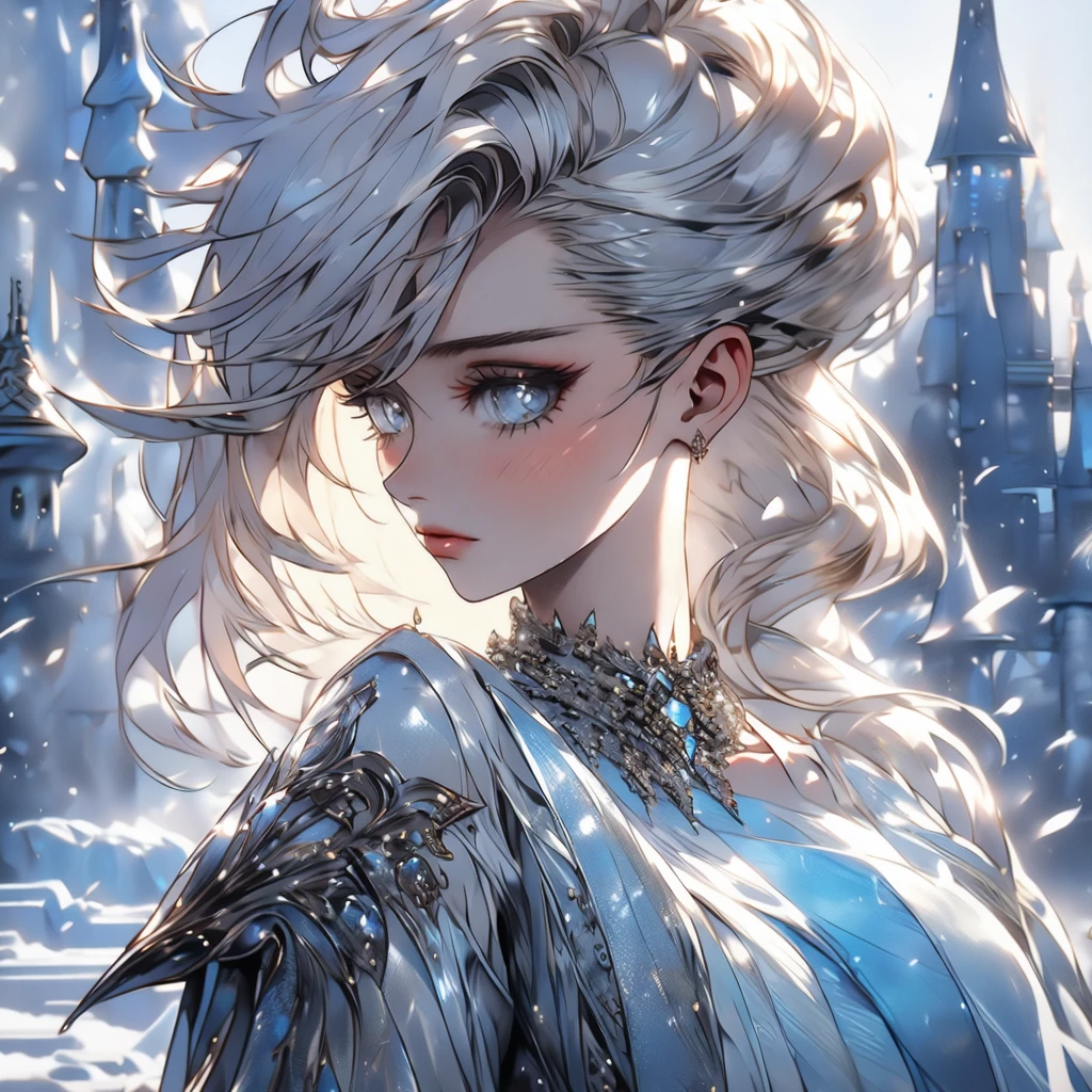 ((high quality:1.2, masterpiece:1.2)), 1girl, beautiful face, white hair, grey eyes, dynamic pose, (death knight, fantasy), (face shot, upper body), fantasy, (noon, ice castle background:1.2), majestic clouds, absurdres, high details, detailed and intricate, best lighting, sharp focus, realistic lighting