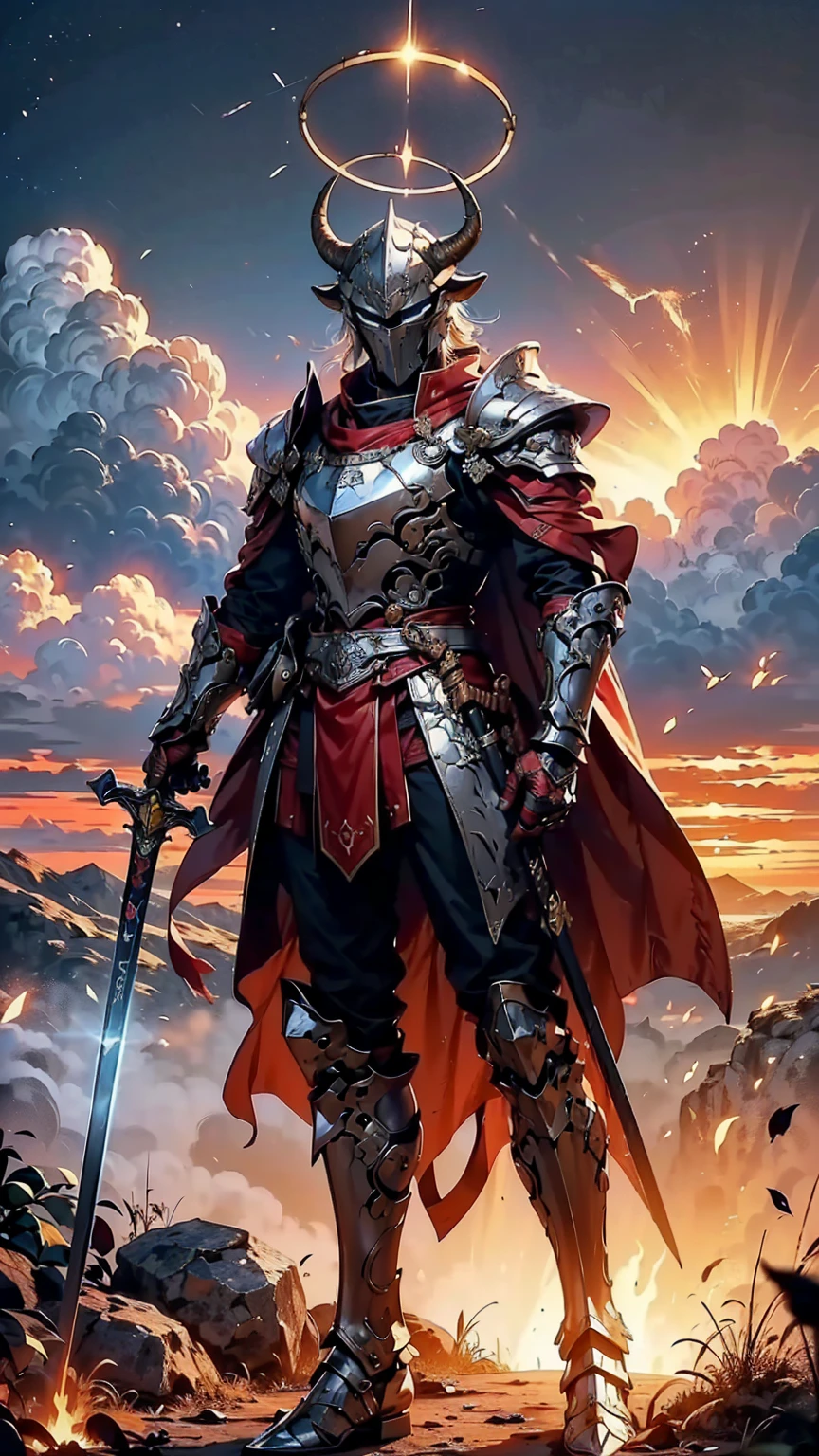 8K quality,(super masterpiece:1.3),Highest quality,Detailed Images,1 male,knight,pocket(Two cow horns,Red Tosaka),(Silver Full Armor,Blue decorated armor),(Wear a red cloak,Red Cape),(One sword,Hold the hilt of the sword with your left hand),(background:Burning image,sunset,幻想的なsunset,The End,The end of the world,grassland,Takayama,Halo effects),(Whole body image,Standing with your legs apart),(Face directly towards the camera,Looking directly at the viewer,looking at the camera,The body faces the viewer,The body is facing the direction of the camera,Face looking straight into the camera).