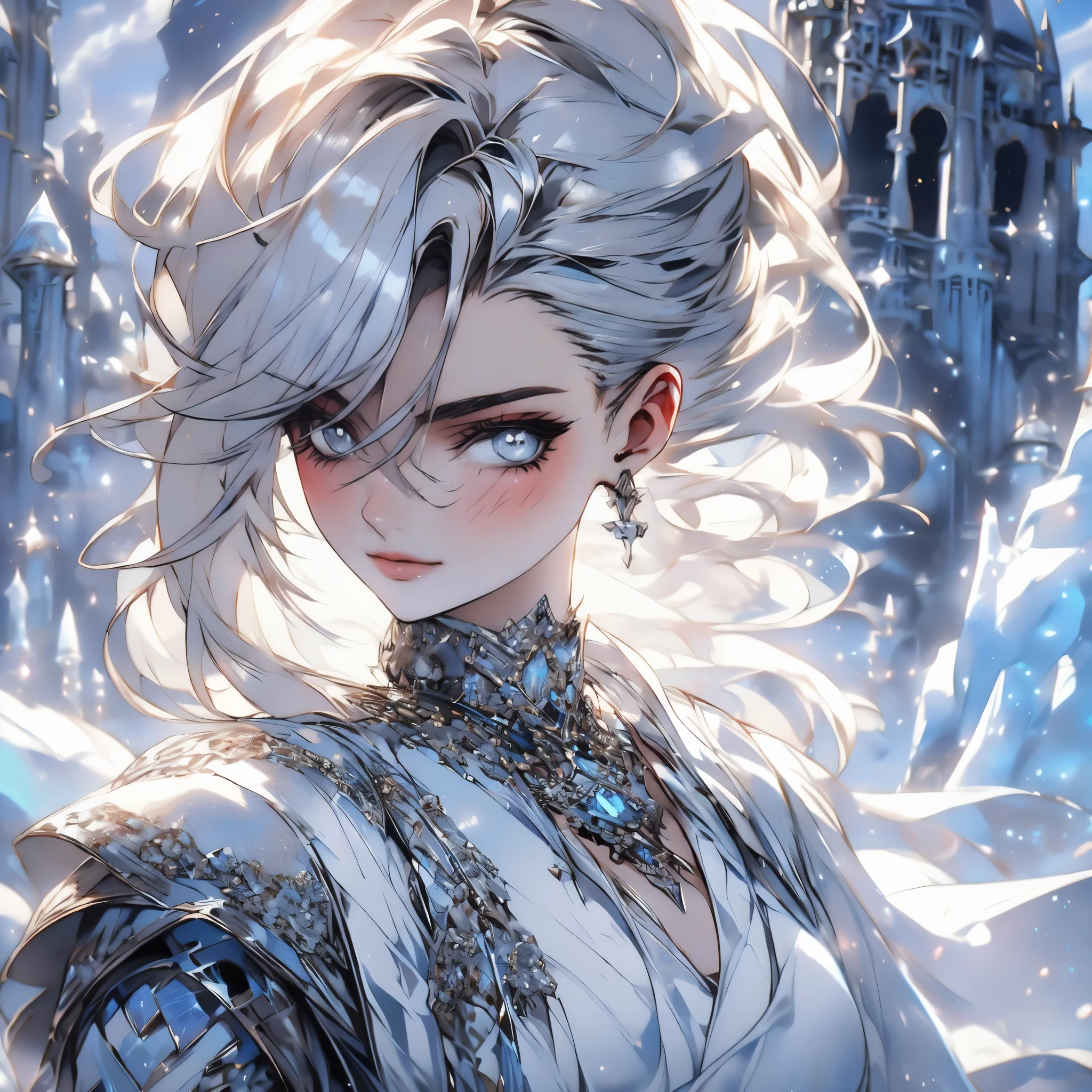 ((high quality:1.2, masterpiece:1.2)), 1girl, beautiful face, white hair, grey eyes, dynamic pose, (death knight, fantasy), (face shot, upper body), fantasy, (noon, ice castle background:1.2), majestic clouds, absurdres, high details, detailed and intricate, best lighting, sharp focus, realistic lighting