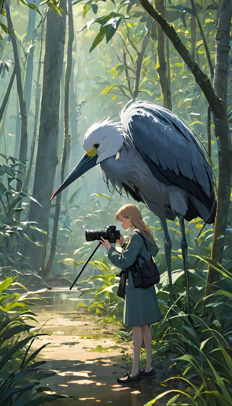 RAW Photos、Highest quality、ultra High resolution、High resolution、masterpiece:1.3、BREAK、(((Wildlife Photographer:1.2、One girl professional photographer、A female photographer secretly taking photos of shoebill stork、A photographer quietly observing a shoebill stork、Behind the cameraman:1.2、Girl with a heavy camera)))、BREAK、shoebill stork、Sharp Eyes、Aiming for prey、Dense forest、Swamp、