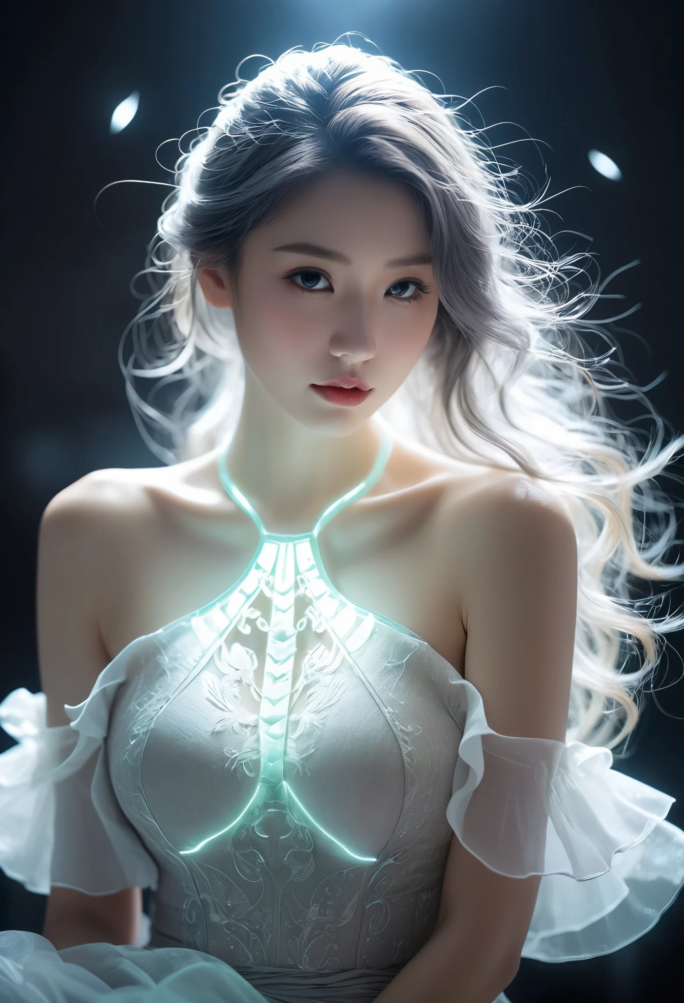 ((jewel_light element)), (Translucent luminous body_wearing a white frilly blouse:1.3), (girl made of light: 1.2, Long wavy hairstyle with delicate features and light:1.3), (minimalism: 0.5), (Frontal close-up angle above the waist: 1.3), 4K, HDR, acid graphics, fantasy work, [Detailed and vivid faces: 0.33], (White translucent glowing body and hair: 1.3), Silhouette outline and glowing beautiful woman, Understated elegance is revealed.. A calm and dignified atmosphere provides a subtle sense of luxury... gray smooth texture, stylish pose, fluorescent, glowing tattoo, bioluminescent tattoo, glowing pattern.