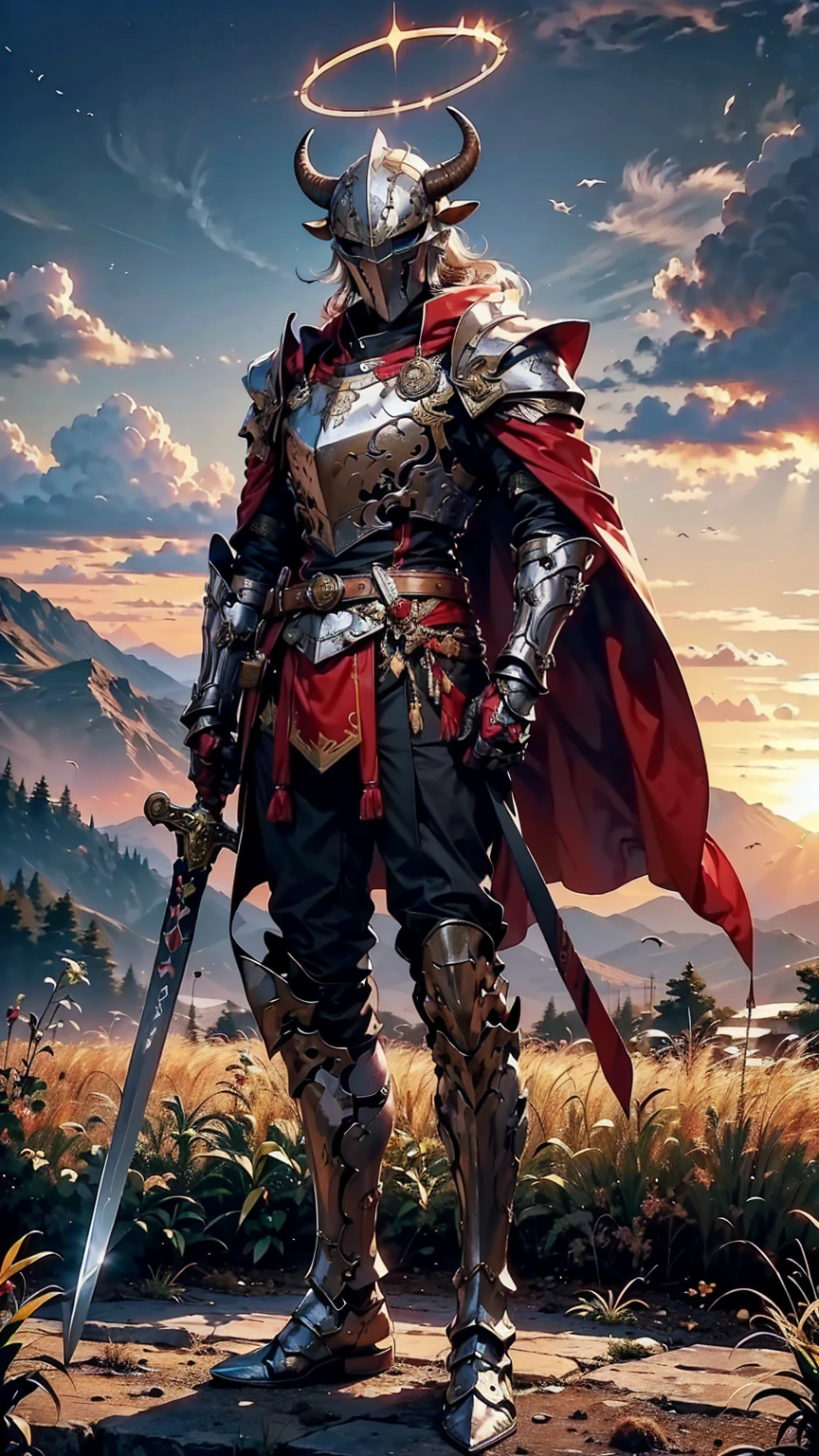 8K quality,(super masterpiece:1.3),Highest quality,Detailed Images,1 male,knight,pocket(Two cow horns),armor(Silver Full Armor,Blue decoration),(Wear a red cloak,Red Cape),(One sword,Hold the hilt of the sword with your left hand),(background:Burning image,sunset,幻想的なsunset,The End,The end of the world,grassland,Takayama,Halo effects),(Whole body image,Standing with your legs apart),(Face directly towards the camera,Looking directly at the viewer,looking at the camera,The body faces the viewer,The body is facing the direction of the camera,Face looking straight into the camera).