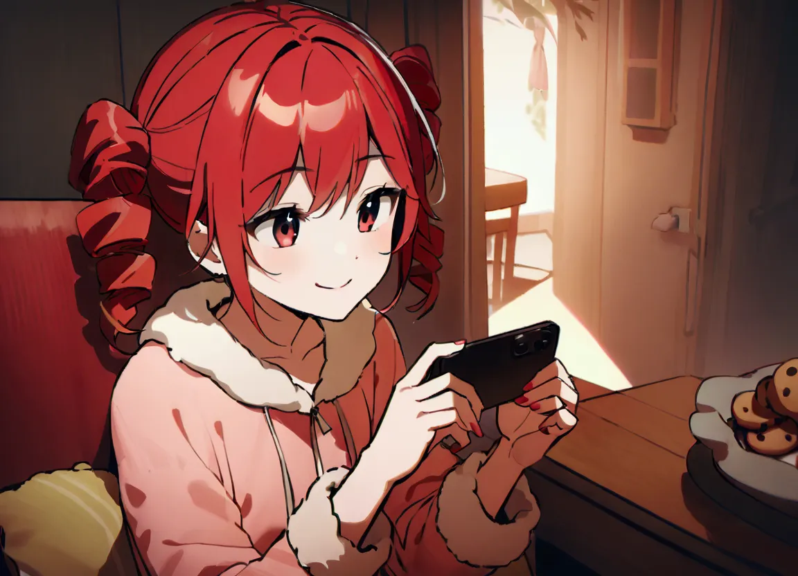 red hair, smiles, wears loungewear, eats copious amounts of cookies, looks at smartphone