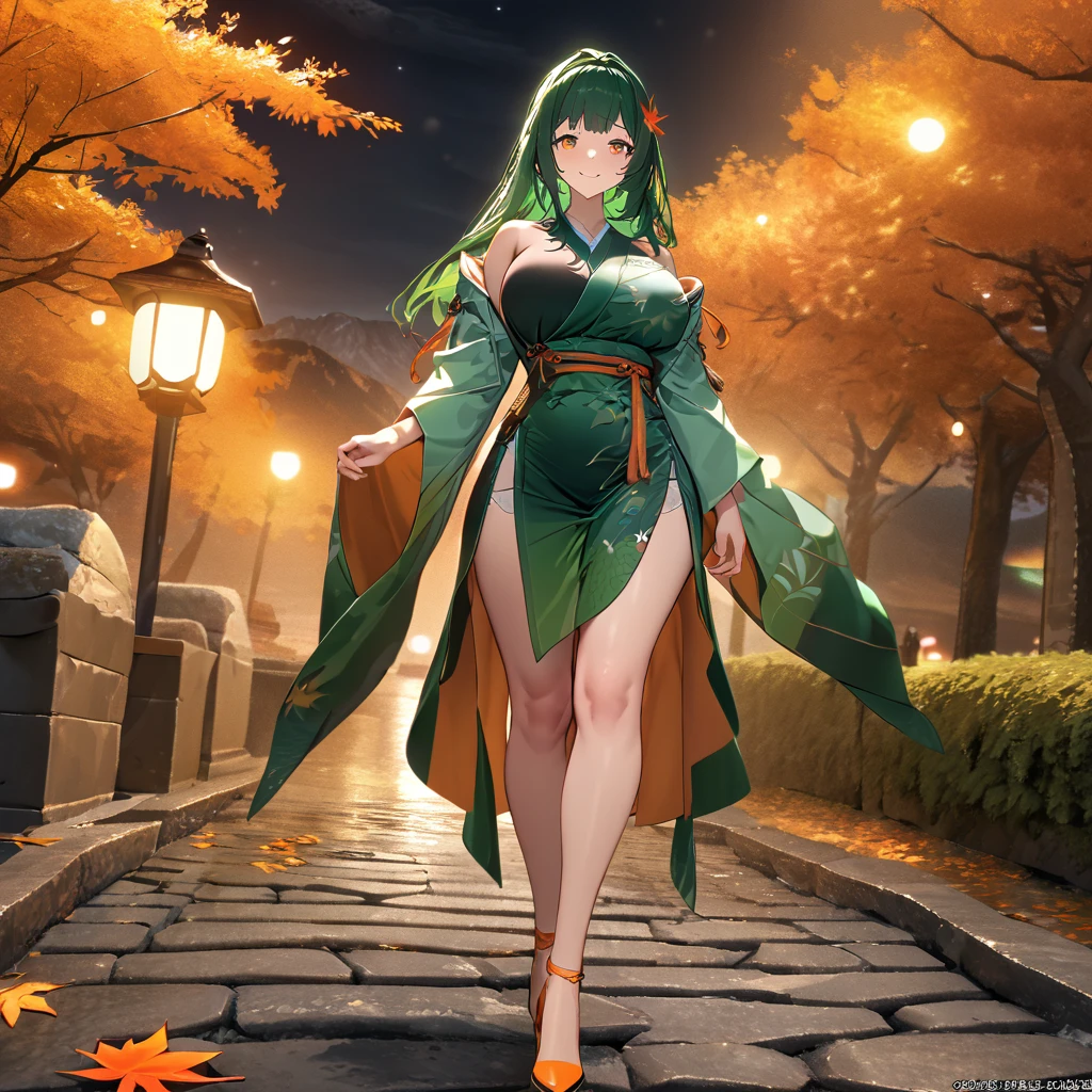 A woman wearing a green kimono with a design of autumn leaves, exposed shoulder, large breasts, orange heels, green hair, long hair, orange eyes, perfect face, holding a green fan, smiling, standing, walking on a stone sidewalk , with mountains in the background, orange autumn trees, location at night, orange lighting, several leaves falling in the location.UHD , prime work , accurate , anatomically correct , textured skin , super details , high quality , best quality, 8k, high resolution, bokeh effect. (woman solo), close view
