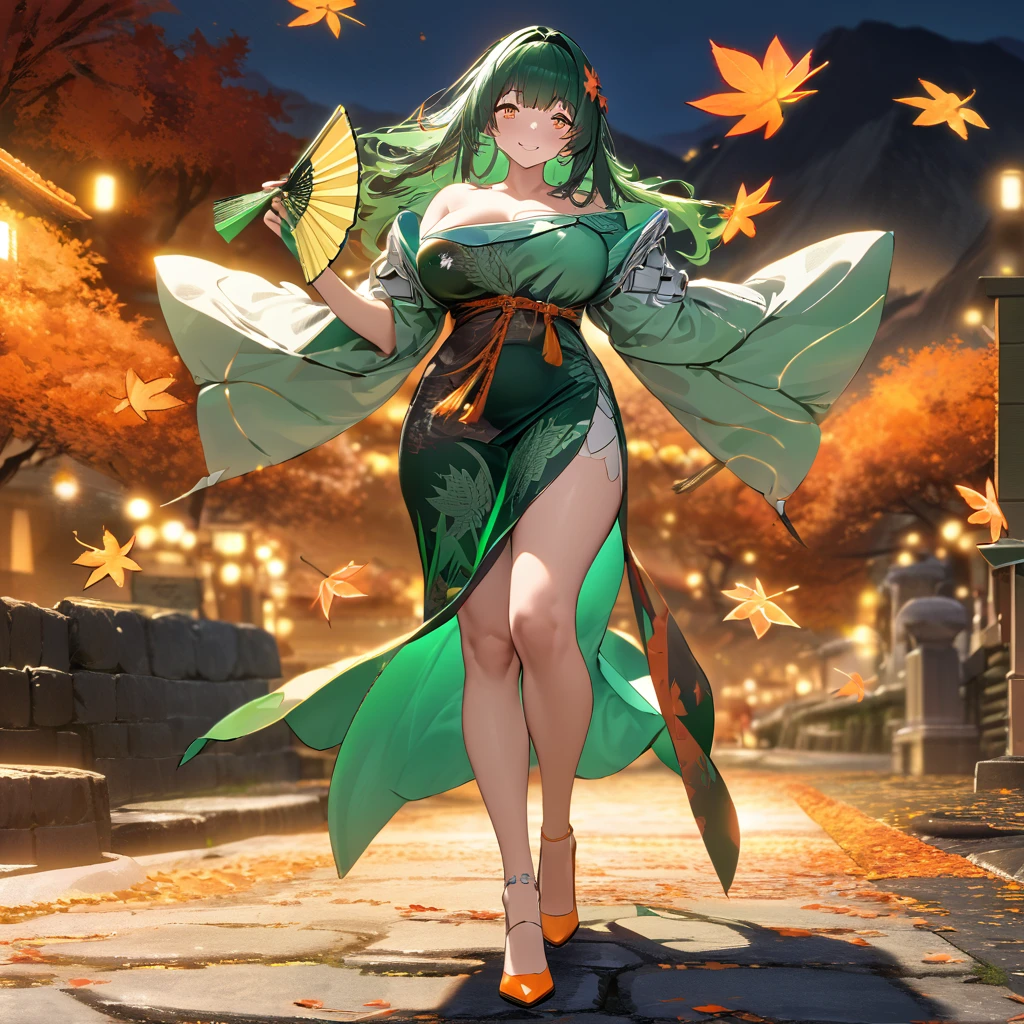 A woman wearing a green kimono with a design of autumn leaves, exposed shoulder, large breasts, orange heels, green hair, long hair, orange eyes, perfect face, holding a green fan, smiling, standing, walking on a stone sidewalk , with mountains in the background, orange autumn trees, location at night, orange lighting, several leaves falling in the location.UHD , prime work , accurate , anatomically correct , textured skin , super details , high quality , best quality, 8k, high resolution, bokeh effect. (woman solo), close view
