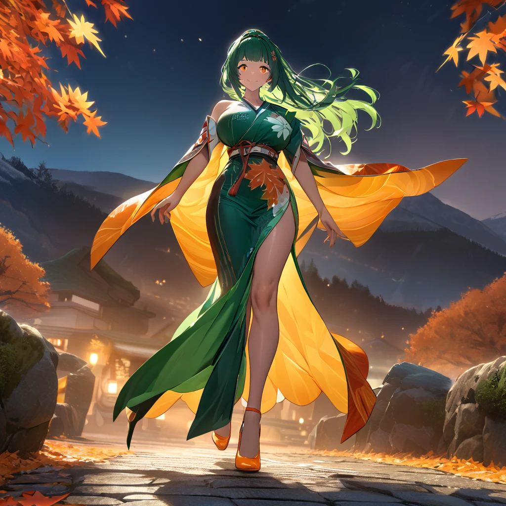 A woman wearing a green kimono with a design of autumn leaves, exposed shoulder, large breasts, orange heels, green hair, long hair, orange eyes, perfect face, holding a green fan, smiling, standing, walking on a stone sidewalk , with mountains in the background, orange autumn trees, location at night, orange lighting, several leaves falling in the location.UHD , prime work , accurate , anatomically correct , textured skin , super details , high quality , best quality, 8k, high resolution, bokeh effect. (woman solo), close view
