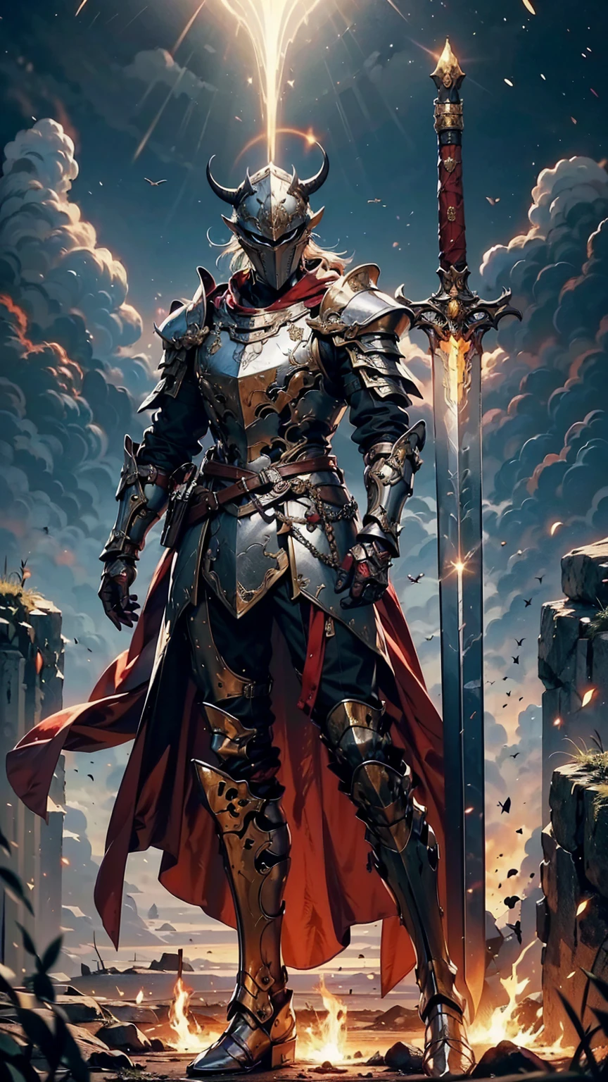 8K quality,(super masterpiece:1.3),Highest quality,Detailed Images,1 male,knight,pocket(フルカバーのpocket,Two cow horns,1 horn on the forehead),armor(Silver Full Armor,Blue decoration),(Wear a red cloak,Red Cape),(One sword,Hold the hilt of the sword with your left hand),(background:Burning image,sunset,幻想的なsunset,The End,The end of the world,grassland,Takayama,Halo effects),(Whole body image,Standing with your legs apart),(Face directly towards the camera,Looking directly at the viewer,looking at the camera,The body faces the viewer,The body is facing the direction of the camera,Face looking straight into the camera).