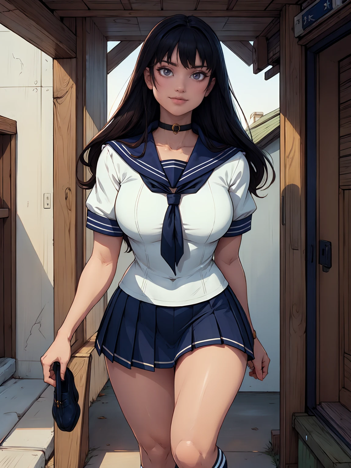 (超High resolution,4K,Very detailed, photograph, 8k, High resolution, High resolution, Absurd:1.2),18 year old Japanese female,expensive,Long black hair,Beautiful character design,Beautifully detailed eye depiction,Perfect Face,Expressive eyes,Brown eyes,Please smile with your teeth showing,(Short sleeve, Cute white sailor suit, Dark blue pleated skirt, Navy sailor collar, Sailor scarf, socks, Brown Loafers:1.1),(Don&#39;t tuck your sailor uniform into your skirt:0.5),(Huge breasts:1.6),(See-through bra:0.3),Tight waist,In the living room,Daytime, posing, gigantic breasts, short, shortstack, hyper shortstack, cameltoe, huge breasts, huge ass, gigantic butt, monolid eyes,