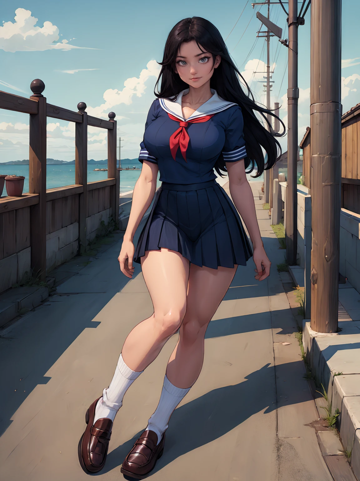 (超High resolution,4K,Very detailed, photograph, 8k, High resolution, High resolution, Absurd:1.2),18 year old Japanese female,expensive,Long black hair,Beautiful character design,Beautifully detailed eye depiction,Perfect Face,Expressive eyes,Brown eyes,Please smile with your teeth showing,(Short sleeve, Cute white sailor suit, Dark blue pleated skirt, Navy sailor collar, Sailor scarf, socks, Brown Loafers:1.1),(Don&#39;t tuck your sailor uniform into your skirt:0.5),(Huge breasts:1.6),(See-through bra:0.3),Tight waist,In the living room,Daytime, posing, gigantic breasts, short, shortstack, hyper shortstack, cameltoe, huge breasts, huge ass, gigantic butt, monolid eyes,