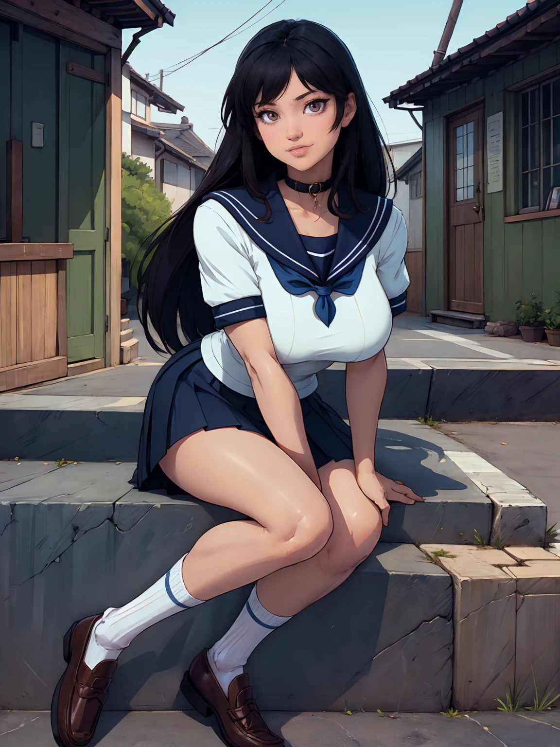 (超High resolution,4K,Very detailed, photograph, 8k, High resolution, High resolution, Absurd:1.2),18 year old Japanese female,expensive,Long black hair,Beautiful character design,Beautifully detailed eye depiction,Perfect Face,Expressive eyes,Brown eyes,Please smile with your teeth showing,(Short sleeve, Cute white sailor suit, Dark blue pleated skirt, Navy sailor collar, Sailor scarf, socks, Brown Loafers:1.1),(Don&#39;t tuck your sailor uniform into your skirt:0.5),(Huge breasts:1.6),(See-through bra:0.3),Tight waist,In the living room,Daytime, posing, gigantic breasts, short, shortstack, hyper shortstack, cameltoe, huge breasts, huge ass, gigantic butt, monolid eyes,