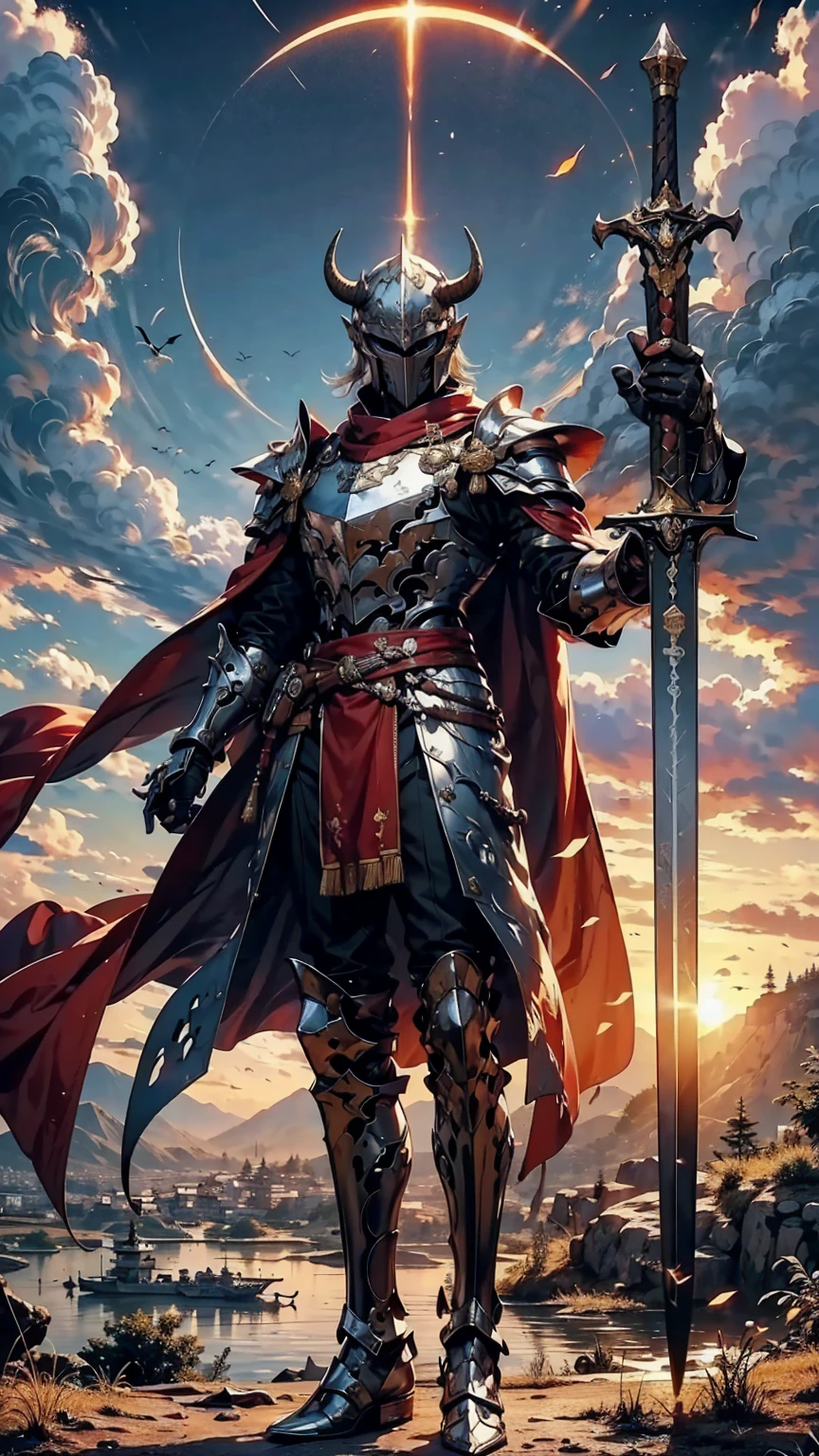 8K quality,(super masterpiece:1.3),Highest quality,Detailed Images,1 male,knight,head(Hairless,Two cow horns,1 horn on the forehead),armor(Silver Full Armor,Blue decoration),(Wear a red cloak,Red Cape),(One sword,Hold the hilt of the sword with your left hand),(background:Burning image,sunset,幻想的なsunset,The End,The end of the world,grassland,Takayama,Halo effects),(Whole body image,Standing with your legs apart),(Face directly towards the camera,Looking directly at the viewer,looking at the camera,The body faces the viewer,The body is facing the direction of the camera,Face looking straight into the camera).