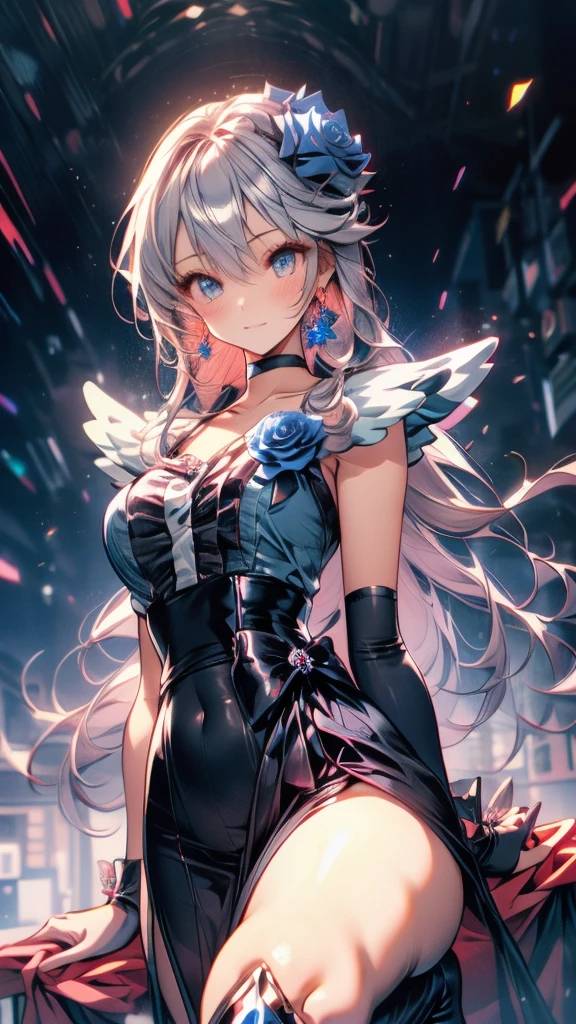 (Highly detailed CG), (Highest quality),(full body)，(( Squat，Spread your legs，Strike a Pose)),Anime Style，1 Girl,alone, black choker, earrings, blue flower, magical girl, waist bow, cure moonlight dress, jewelry, flower, wrist cuffs, single elbow glove, boots, eyelashes,Perfect Face,  Shiny skin, Shiny skin, Wide Hips,Tight waist,Knee-high boots，Elbow Bag,1 Girl, Long Hair, Big Breasts，Thick thighs，sunset，Octane，