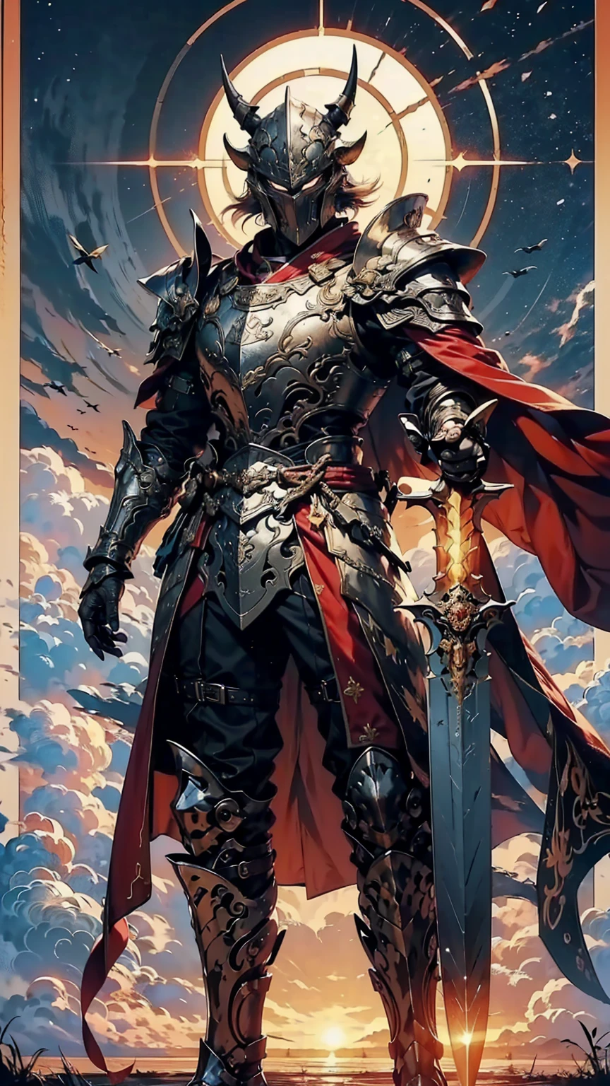 8K quality,(super masterpiece:1.3),Highest quality,Detailed Images,1 male,knight,pocket(,Two cow horns,1 horn on the forehead),armor(Silver Full Armor,Blue decoration),(Wear a red cloak,Red Cape),(One sword,Hold the hilt of the sword with your right hand),(background:Burning image,sunset,幻想的なsunset,The End,The end of the world,grassland,Takayama,Halo effects),(Whole body image,Standing with your legs apart),(Face directly towards the camera,Looking directly at the viewer,looking at the camera,The body faces the viewer,The body is facing the direction of the camera,Face looking straight into the camera).