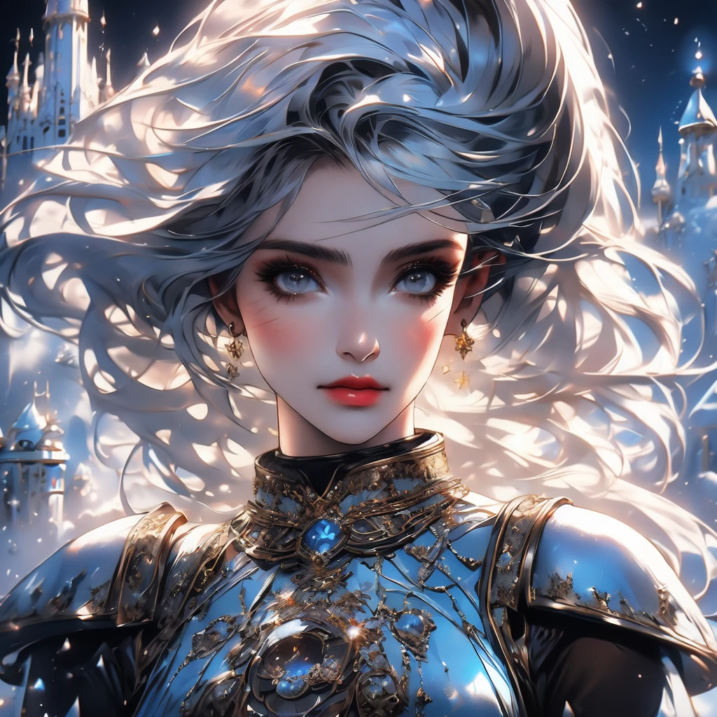 ((high quality:1.2, masterpiece:1.2)), 1girl, beautiful face, white hair, grey eyes, dynamic pose, (death knight, fantasy), (face shot, upper body), fantasy, (noon, ice castle background:1.2), majestic clouds, absurdres, high details, detailed and intricate, best lighting, sharp focus, realistic lighting