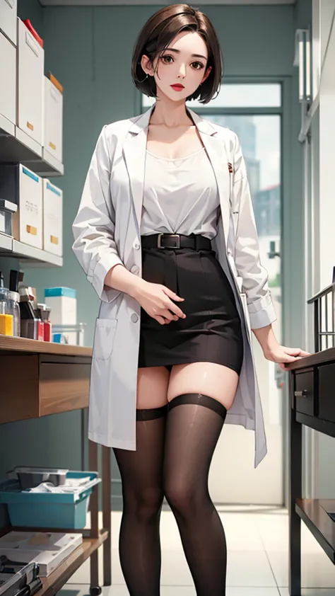 ((masterpiece, best quality, high quality)),1 girl, (Lower Body, hospital), (doctor_, lab coat,, doctor),breast，Lipstick，Brown e...