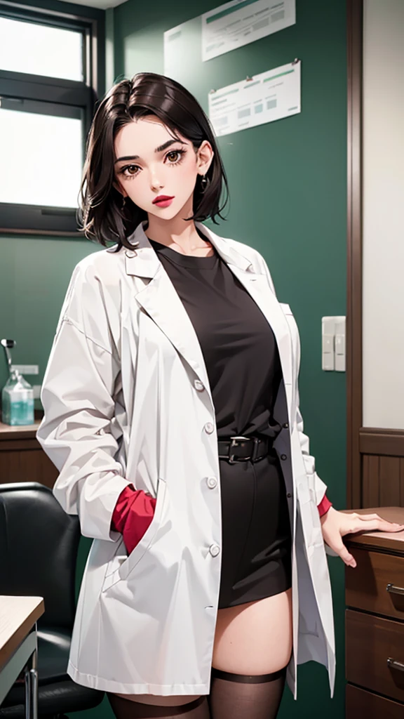 ((masterpiece, best quality, high quality)),1 girl, (Lower Body, hospital), (doctor_, lab coat,, doctor),breast，Lipstick，Brown eyes，Black short hair，There is no sea left in front of the forehead，stockings