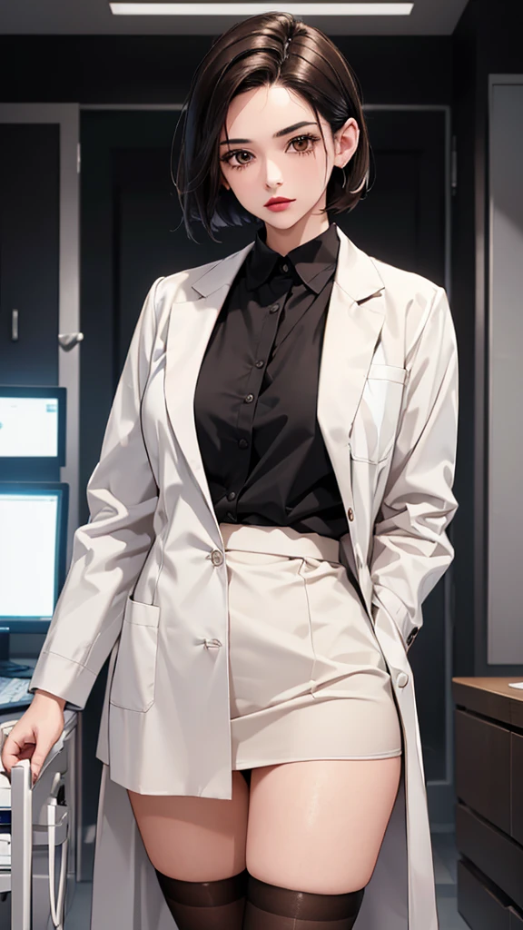 ((masterpiece, best quality, high quality)),1 girl, (Lower Body, hospital), (doctor_, lab coat,, doctor),breast，Lipstick，Brown eyes，Black short hair，There is no sea left in front of the forehead，stockings