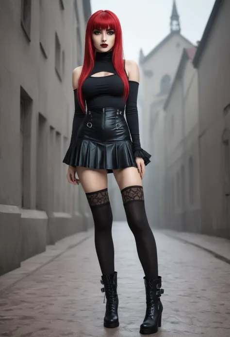 Woman in gothic style with long stockings and boots with a short lycra skirt and an athletic body. 