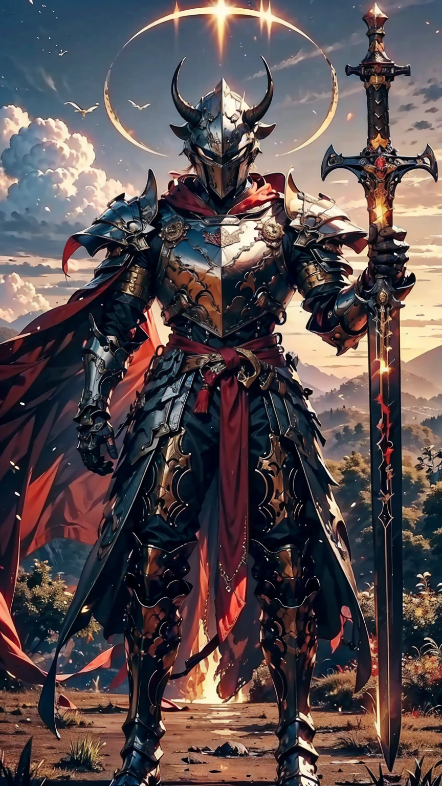 8K quality,(super masterpiece:1.3),Highest quality,Detailed Images,1 male,knight,pocket(,Two cow horns,1 horn on the forehead),armor(Silver Full Armor,Blue decoration),(Wear a red cloak,Red Cape),(One sword,Hold the hilt of the sword with your right hand),(background:Burning image,sunset,幻想的なsunset,The End,The end of the world,grassland,Takayama,Halo effects),(Whole body image,Standing with your legs apart),(Face directly towards the camera,Looking directly at the viewer,looking at the camera,The body faces the viewer,The body is facing the direction of the camera,Face looking straight into the camera).