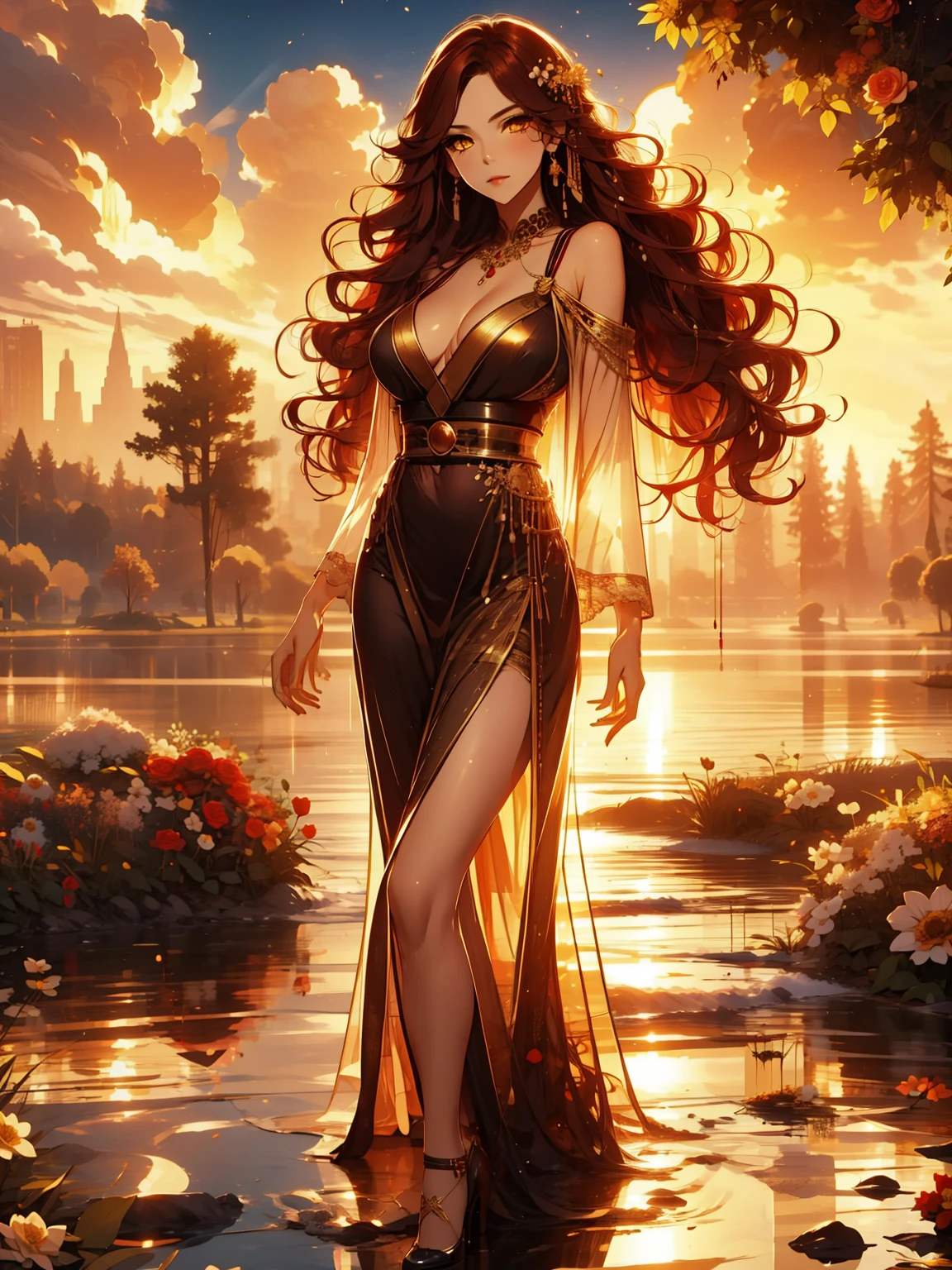 (very fine, masterpiece, excellent lighting and shadows, HD wallpaper 8K), female, low neckline, wavy red hair, golden eyes, detailed eyes, black dress, open shoulder, high heels, elegant, flower field
