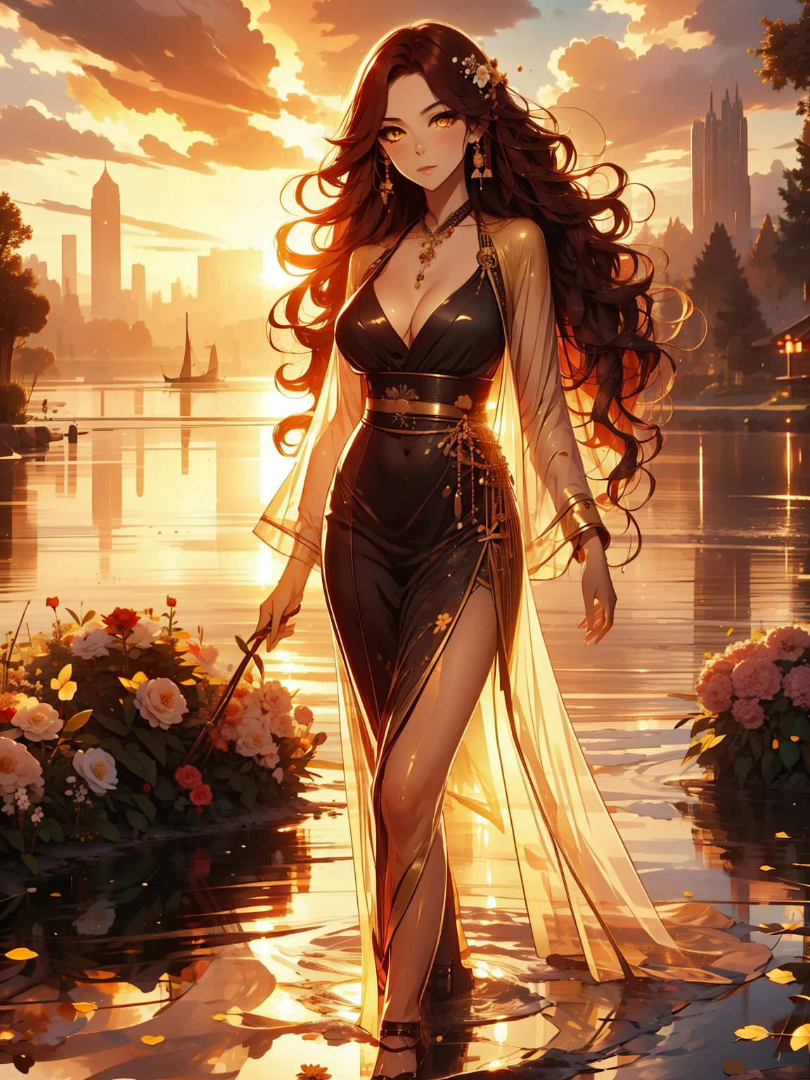 (very fine, masterpiece, excellent lighting and shadows, HD wallpaper 8K), female, low neckline, wavy red hair, golden eyes, detailed eyes, black dress, open shoulder, high heels, elegant, flower field
