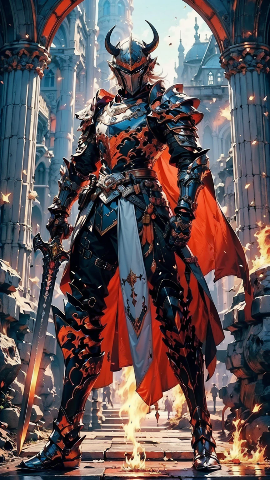 8K quality,(super masterpiece:1.3),Highest quality,Detailed Images,1 male,knight,pocket(,Two cow horns,1 horn on the forehead),armor(Silver Full Armor,Blue decoration),(Wear a red cloak,Red Cape),(One glowing blue sword,Hold the hilt of the sword with your right hand),(background:Burning image,sunset,幻想的なsunset,The End,The end of the world,grassland,Takayama,Halo effects),(Whole body image,Standing with your legs apart),(Face directly towards the camera,Looking directly at the viewer,looking at the camera,The body faces the viewer,The body is facing the direction of the camera,Face looking straight into the camera).