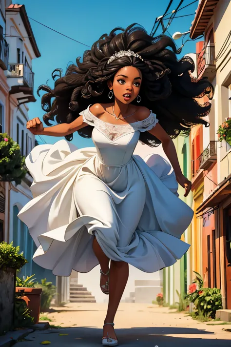 create an illustration of a black woman with curly hair, in a wedding dress, running away from an altar, bride on the run, she i...