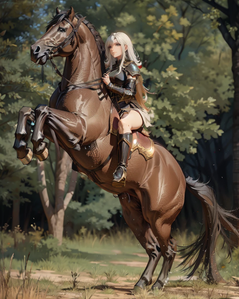 ((best quality)), ((anime masterpiece)), (high detailed), 8k, cinematic lighting, realistic, HDR, vivid color, a female knight riding a BROWN HORSE, long hair, {brunete}, medium breast,(white armor, black gauntlet, black miniskirt, black boots), forest, anatomically correct
