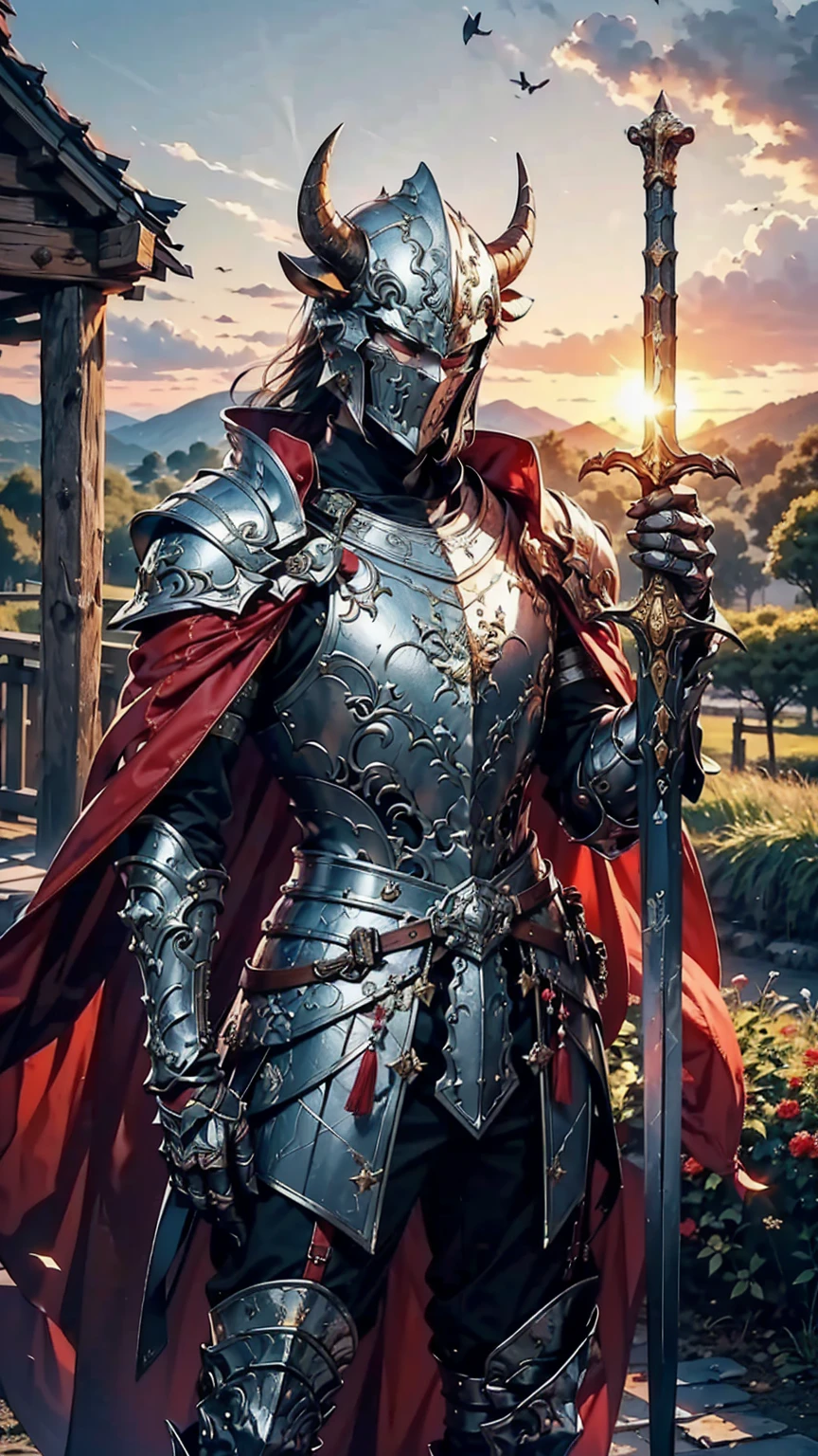 8K quality,(super masterpiece:1.3),Highest quality,Detailed Images,1 male,knight,pocket(,Two cow horns,1 horn on the forehead),armor(Silver Full Armor,Blue decoration),(Wear a red cloak,Red Cape),(One sword,Hold the hilt of the sword with your right hand),(background:Burning image,sunset,幻想的なsunset,The End,The end of the world,grassland,Takayama,Halo effects),(Whole body image,Standing with your legs apart),(Face directly towards the camera,Looking directly at the viewer,looking at the camera,The body faces the viewer,The body is facing the direction of the camera,Face looking straight into the camera).