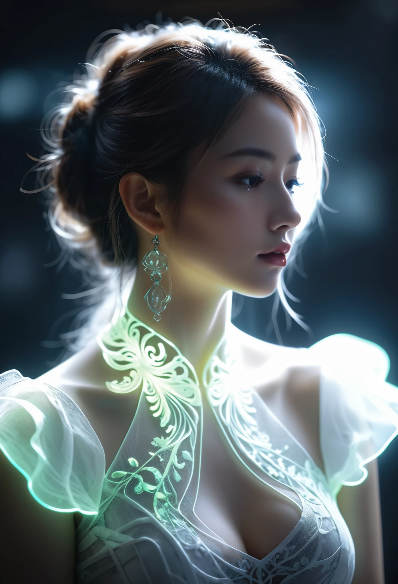 ((jewel_light element)), (Translucent luminous body_wearing a white frilly blouse), (girl made of light: 1.2), (minimalism: 0.5), (Upper body front close-up angle: 1.3), 4K, HDR, acid graphics, fantasy work, [Detailed and vivid faces: 0.33], (White translucent glowing body and hair: 1.3), Silhouette outline and glowing beautiful woman, Understated elegance is revealed.. A calm and dignified atmosphere provides a subtle sense of luxury... gray smooth texture, stylish pose, fluorescent, glowing tattoo, bioluminescent tattoo, glowing pattern.