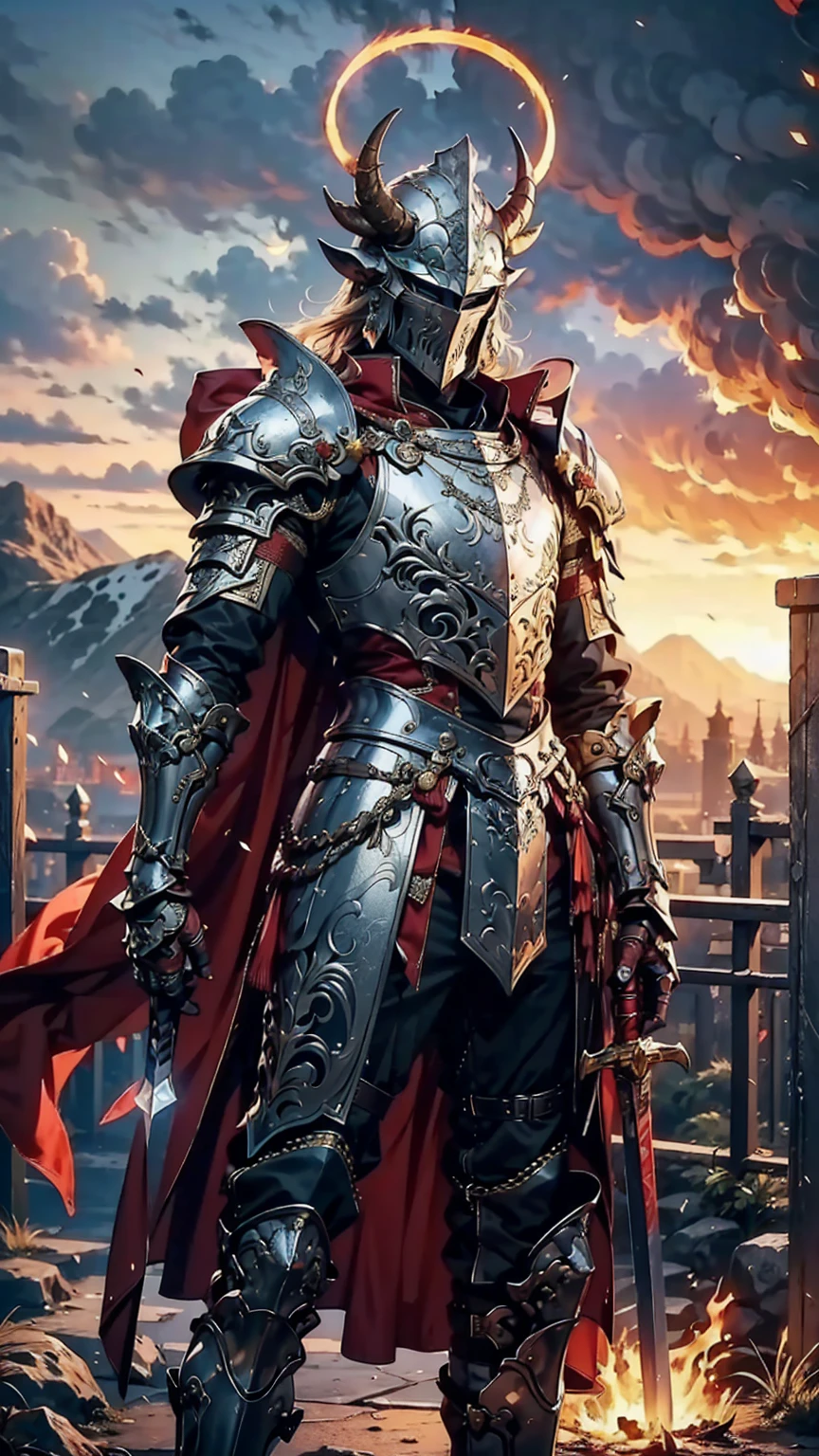 8K quality,(super masterpiece:1.3),Highest quality,Detailed Images,1 male,knight,pocket(,Two cow horns,Red chicken crown),armor(Silver Full Armor,Blue decoration),(Wear a red cloak,Red Cape),(One sword,Hold the hilt of the sword with your right hand),(background:Burning image,sunset,幻想的なsunset,The End,The end of the world,grassland,Takayama,Halo effects),(Whole body image,Standing with your legs apart),(Face directly towards the camera,Looking directly at the viewer,looking at the camera,The body faces the viewer,The body is facing the direction of the camera,Face looking straight into the camera).